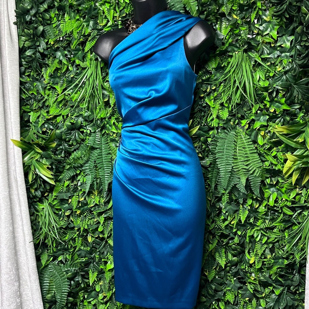 Jessica Howard Evenings Dress 4 Teal Blue One Shoulder Ruched Satin Sheath 4012